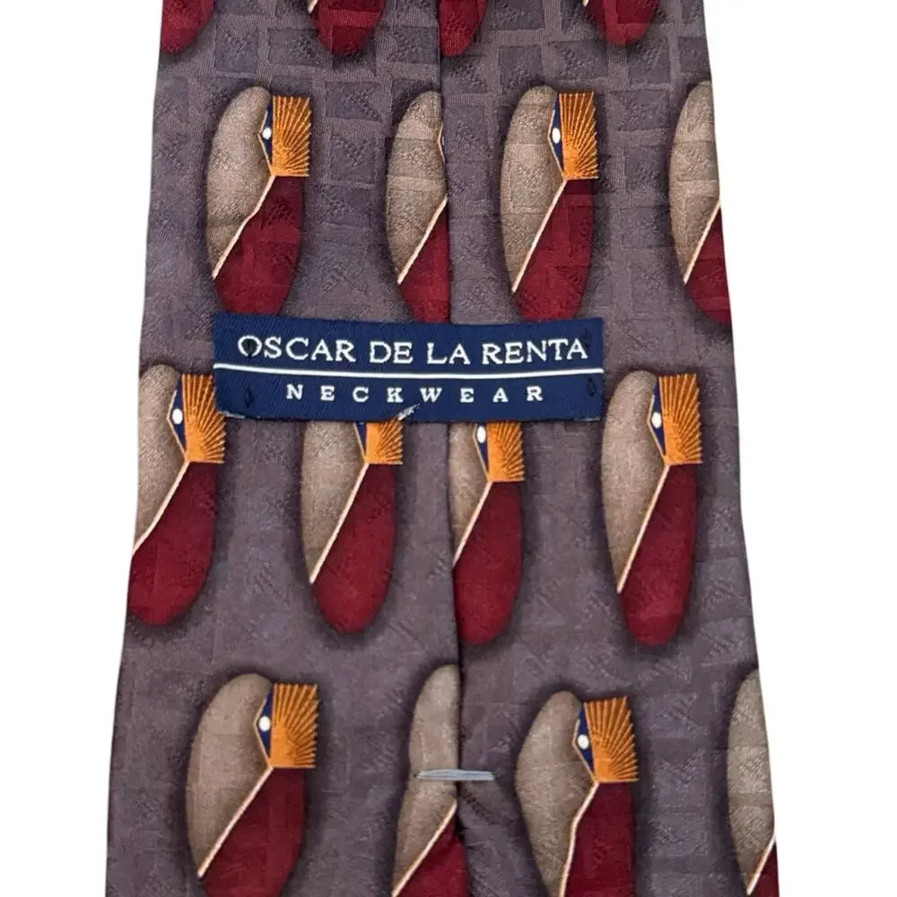 Vintage 90s Oscar de la Renta Gray Burgundy Orange Ovals 100% Silk Tie Necktie